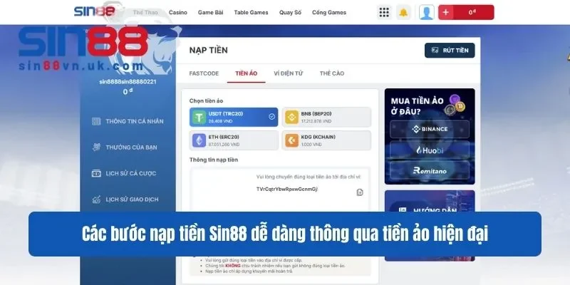 NẠP TIỀN SIN88 1 Sin88 Các bước nạp tiền Sin88 dễ dàng thông qua tiền ảo hiện đại